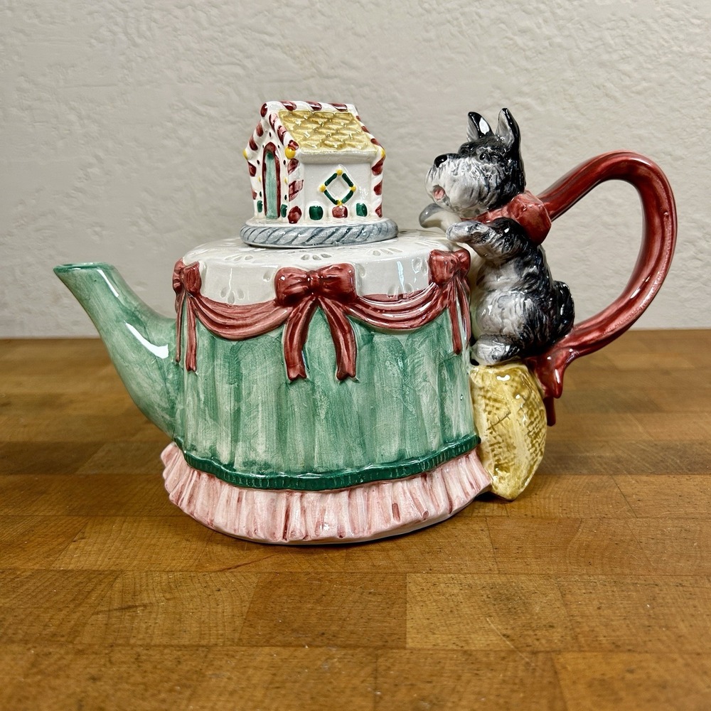 Fitz & Floyd OMNIBUS 28 Oz Scottish Terrier & Gingerbread House Teapot 1993